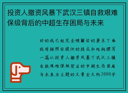 投资人撤资风暴下武汉三镇自救艰难保级背后的中超生存困局与未来